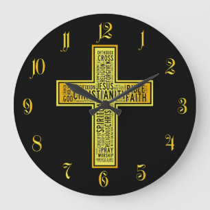 Grande Horloge Ronde Croix d'or chrétienne - conception de texte
