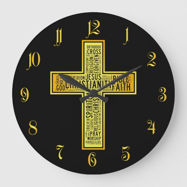Grande Horloge Ronde Croix d'or chrétienne - conception de texte (Recto)
