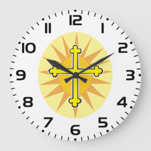 Grande Horloge Ronde Croix jaune boutonné Soleil levant Foi chrétienne