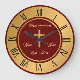 Grande Horloge Ronde Croix simple personnalisable Or Anniversaire