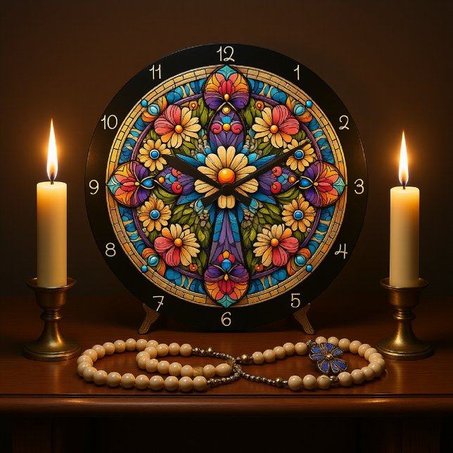 Grande Horloge Ronde Croix vive en verre floral (Créateur téléchargé)