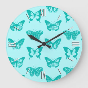 Grande Horloge Ronde Croquis, aqua et turquoise de papillon