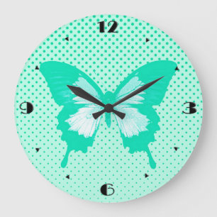 Grande Horloge Ronde Croquis aux papillons, turquoise