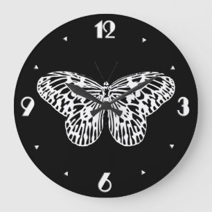 Grande Horloge Ronde Croquis, blanc et noir de papillon