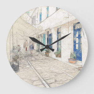 Grande Horloge Ronde Croquis de la marche dans les rues grecques tradit