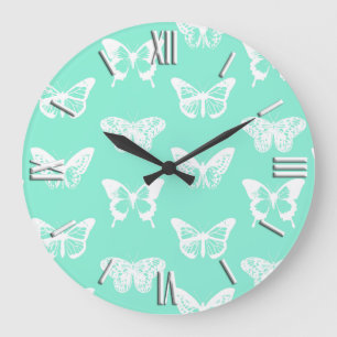 Grande Horloge Ronde Croquis papillon, aqua et blanc