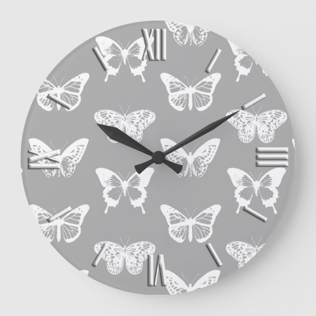 Grande Horloge Ronde Croquis papillon, gris argenté et blanc (Recto)