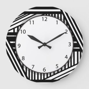 Grande Horloge Ronde Crosshatch moderne en rayures noir et blanc