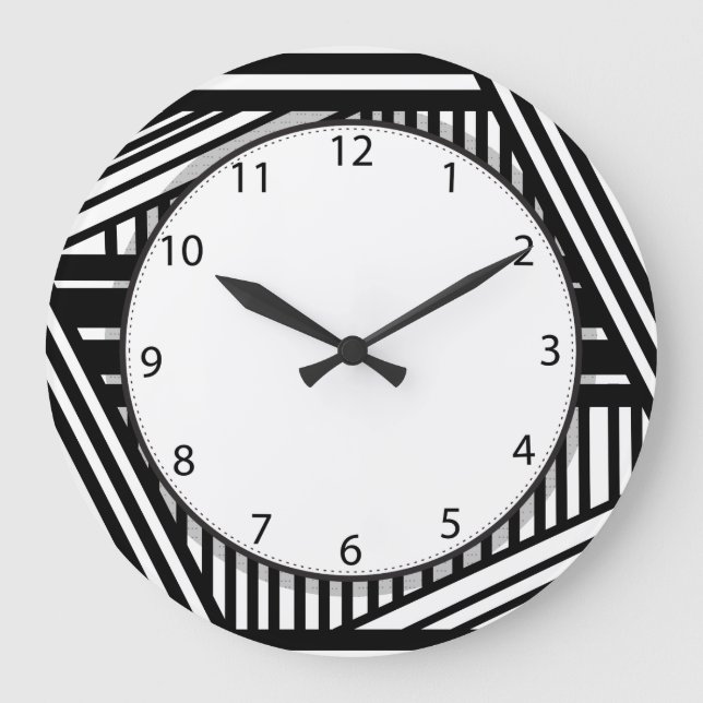 Grande Horloge Ronde Crosshatch moderne en rayures noir et blanc (Recto)