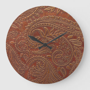 Grande Horloge Ronde Cuir Brown, motifs floraux à outils.