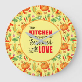 Grande Horloge Ronde Cuisine Assaisonnée Avec Amour Motif Végétal