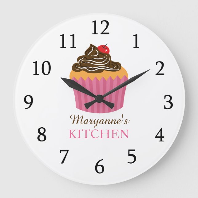 Grande Horloge Ronde Cuisine Cute Rose Cupcake Nom personnalisé (Recto)