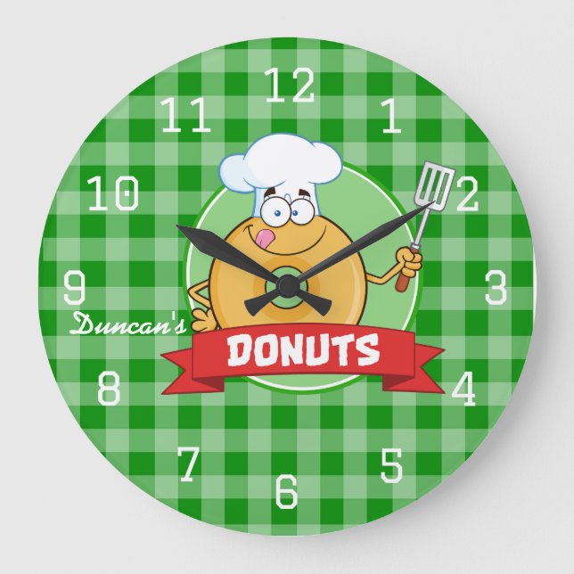 Grande Horloge Ronde Cuisine de Doughnut Chef En vichy Vert (Recto)