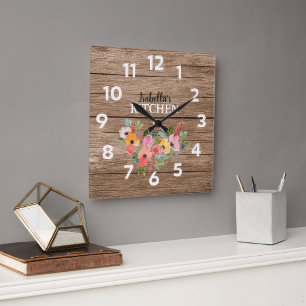 Grande Horloge Ronde Cuisine en bois rustique personnalisée et fleurs r