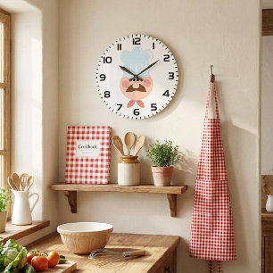 Grande Horloge Ronde Cuisinier Italien avec Moustache et Chapeau
