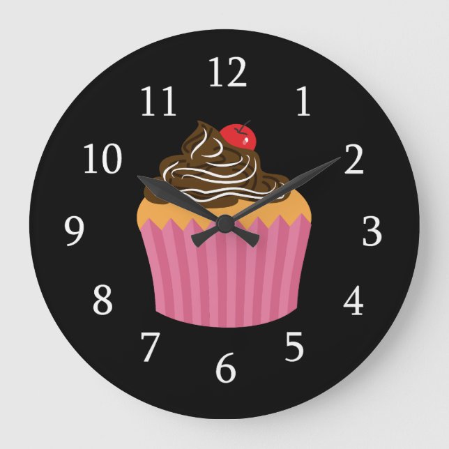 Grande Horloge Ronde Cupcake Rose Cute Sur Noir (Recto)