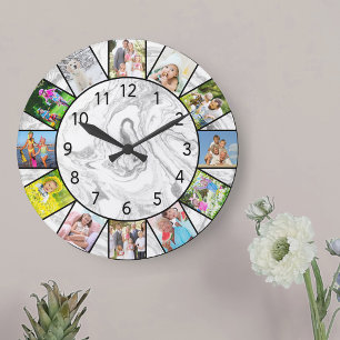Grande Horloge Ronde Custom 12 Photo Collage Grey White Marble Round