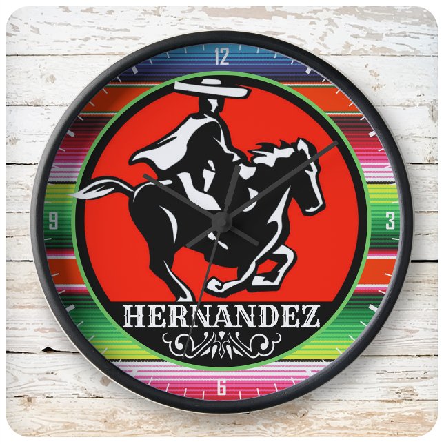 Grande Horloge Ronde CUSTOM NAME Charro Horse Spanish Mexican Serape (Créateur téléchargé)