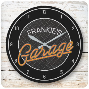 Grande Horloge Ronde Custom NAME Neon Look Diamond Plate Garage Tools