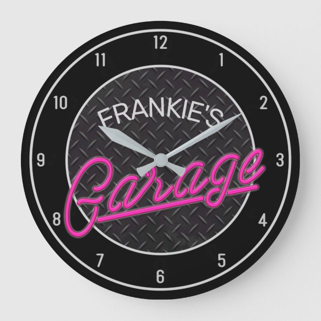 Grande Horloge Ronde Custom Nom Neon Look Diamond Plate Garage Tools (Recto)