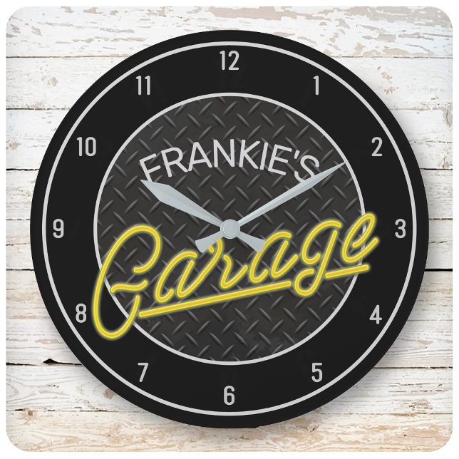 Grande Horloge Ronde Custom Nom Neon Look Diamond Plate Garage Tools (Créateur téléchargé)