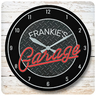 Grande Horloge Ronde Custom Nom Neon Look Diamond Plate Garage Tools