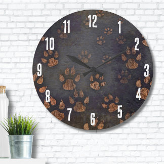 Grande Horloge Ronde Cute Animal Dark Rustic Empreinte de patte Motif