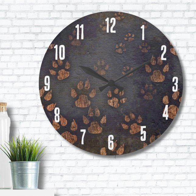 Grande Horloge Ronde Cute Animal Dark Rustic Empreinte de patte Motif (Cute Animal Dark Rustic Paw Print Pattern Large Clock)