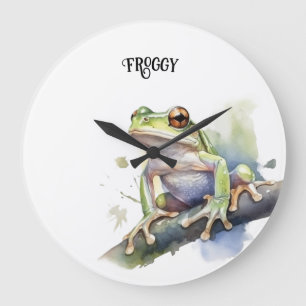 Grande Horloge Ronde Cute Aquarelle Arbre Frog, personnalisé