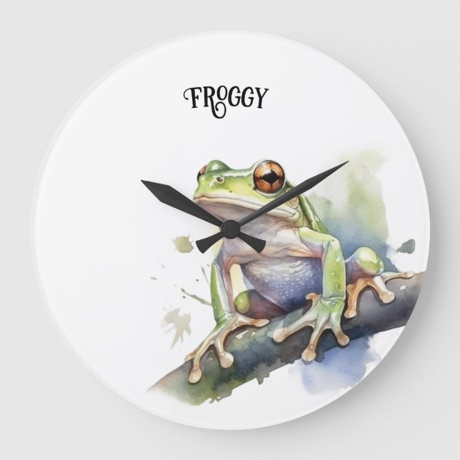 Grande Horloge Ronde Cute Aquarelle Arbre Frog, personnalisé (Recto)