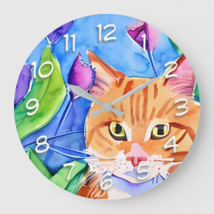 Grande Horloge Ronde Cute Aquarelle Chat Orange