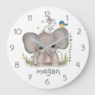 Grande Horloge Ronde Cute Baby Elephant Bunny Nursery Wall Clock