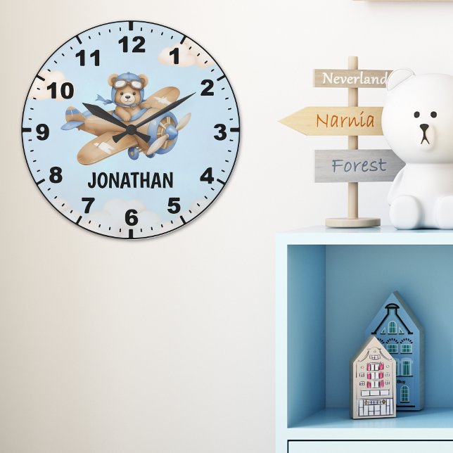 Grande Horloge Ronde Cute Bear Pilot in a Sky Adventure (Créateur téléchargé)