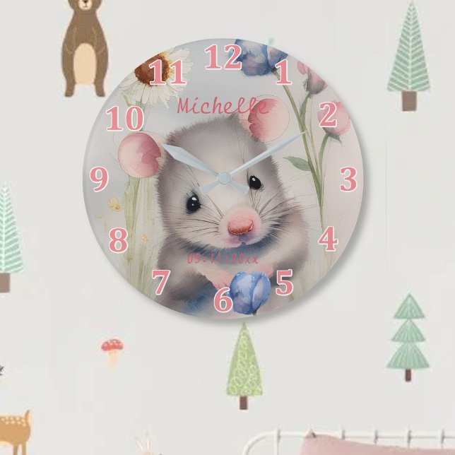 Grande Horloge Ronde Cute Bébé Souris Pastel Aquarelle Fleurs de printe (Créateur téléchargé)