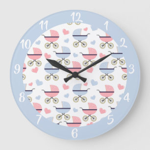 Grande Horloge Ronde Cute bébé transport rose bleu Motif Nursery