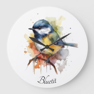 Grande Horloge Ronde Cute Bluetit sur une branche, personnalisé