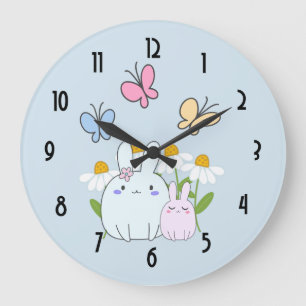 Grande Horloge Ronde Cute Bunnies avec marguerites de printemps et papi