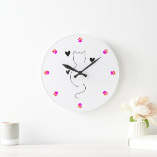 Grande Horloge Ronde Cute cat line drawing, with three hearts