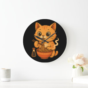 Grande Horloge Ronde Cute chat manger Ramen