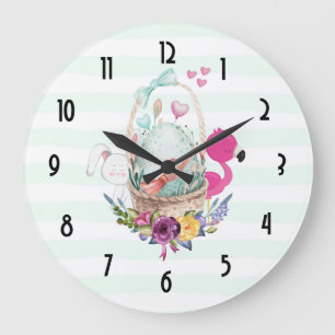 Grande Horloge Ronde Cute Egg in a Basket with Flamingo and Bunny