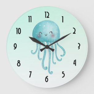 Grande Horloge Ronde Cute et Joyeuse méduse bleu-vert