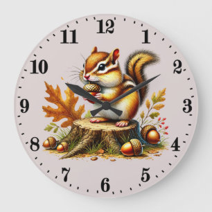 Grande Horloge Ronde Cute Fall Seasonal chipmunk amoureux