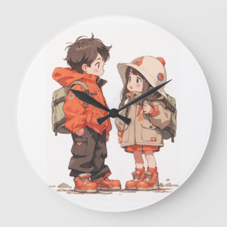 Grande Horloge Ronde Cute Garçon et fille Montre murale