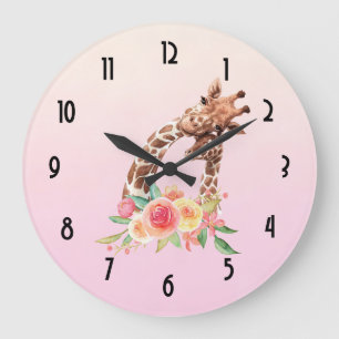 Grande Horloge Ronde Cute Giraffe Aquarelle Maman & Bébé