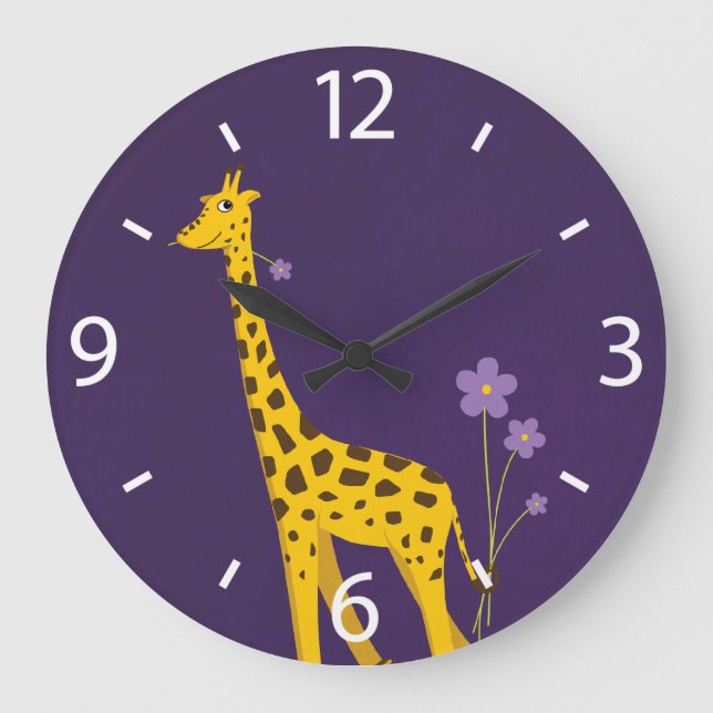 Grande Horloge Ronde Cute Giraffe Flowers Purple (Recto)