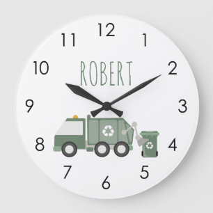 Grande Horloge Ronde Cute Green Recycling Véhicules Camion Enfants Nom