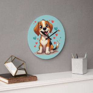 Grande Horloge Ronde Cute Kawaii Beagle avec Coeurs Jouer Chien