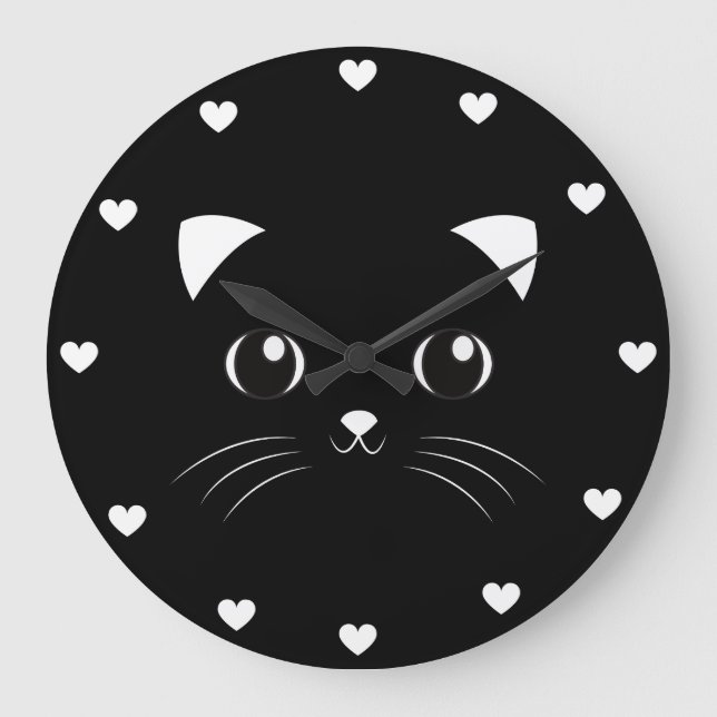 Grande Horloge Ronde Cute Kawaii Black Chat contour visage (Recto)