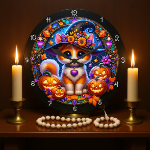 Grande Horloge Ronde Cute Kitten Halloween Vitrail
