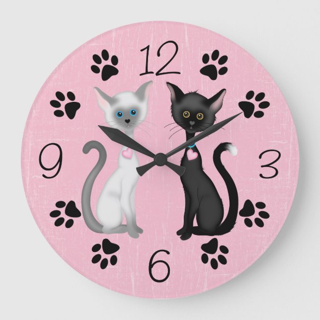 Grande Horloge Ronde Cute Kitty Cats et Paw Prints (Recto)